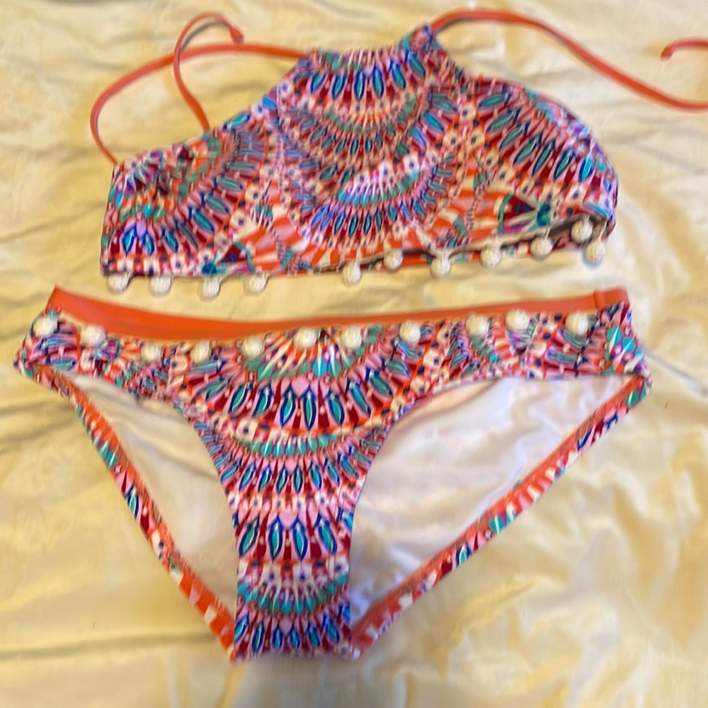 Two piece swimsuit multicolor never worn hygienic liner still attach ..